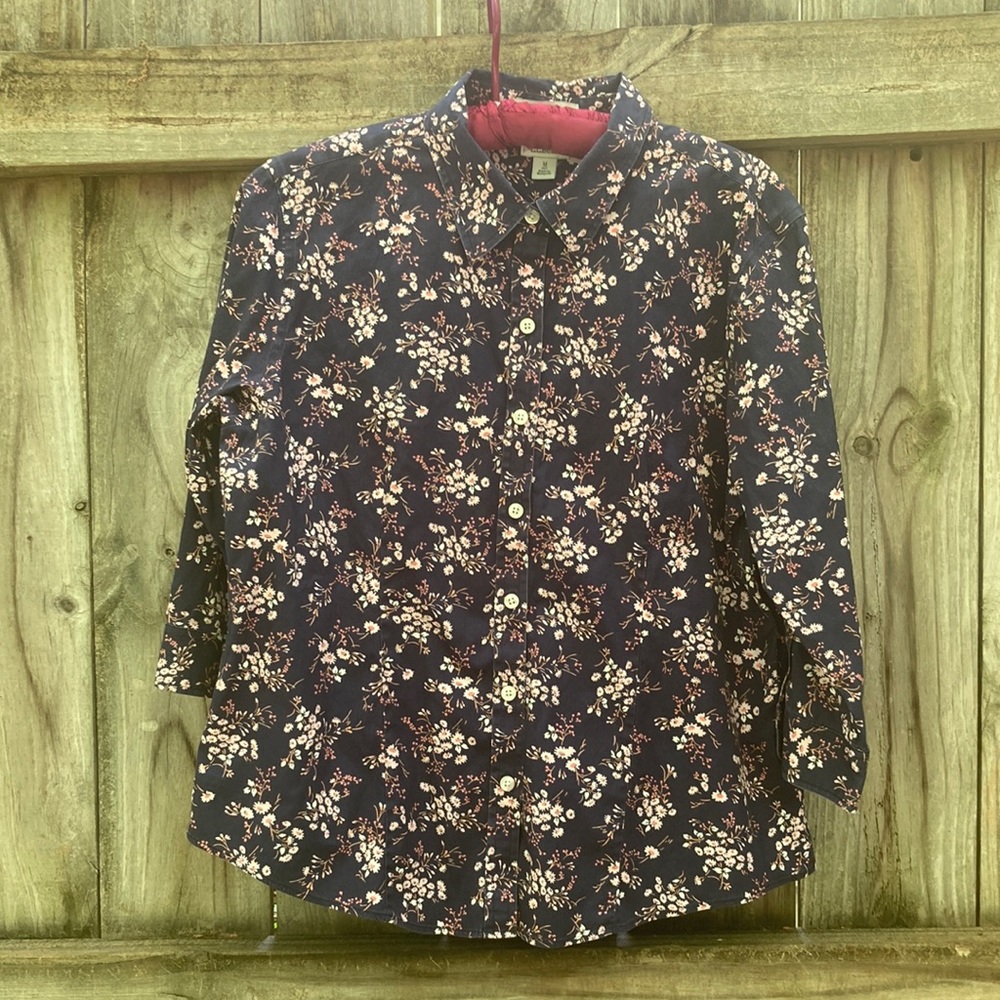 L.L. Bean Navy Floral Button-Down Shirt